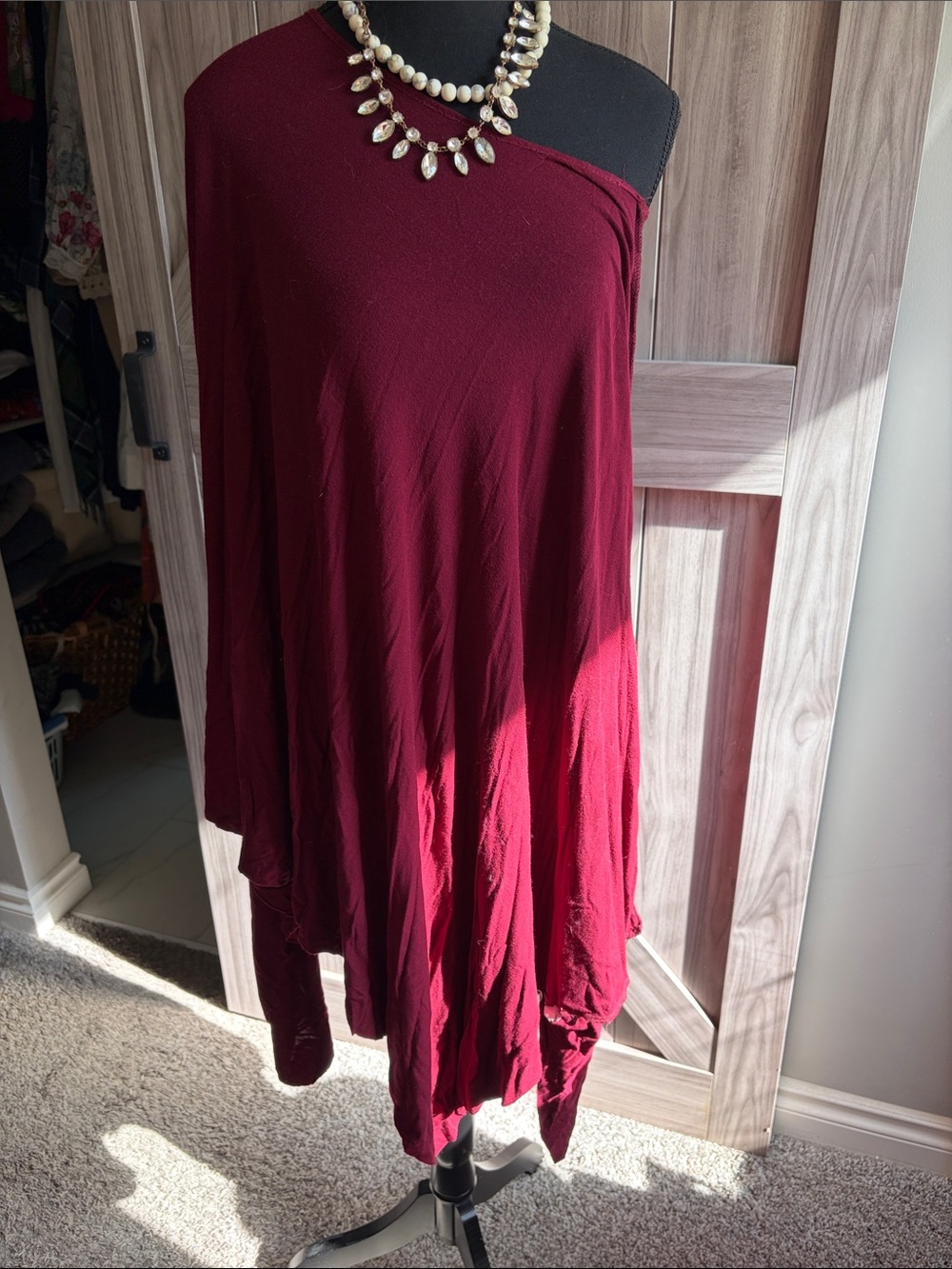 Three Bird Nest Wine One-Shoulder Poncho Top